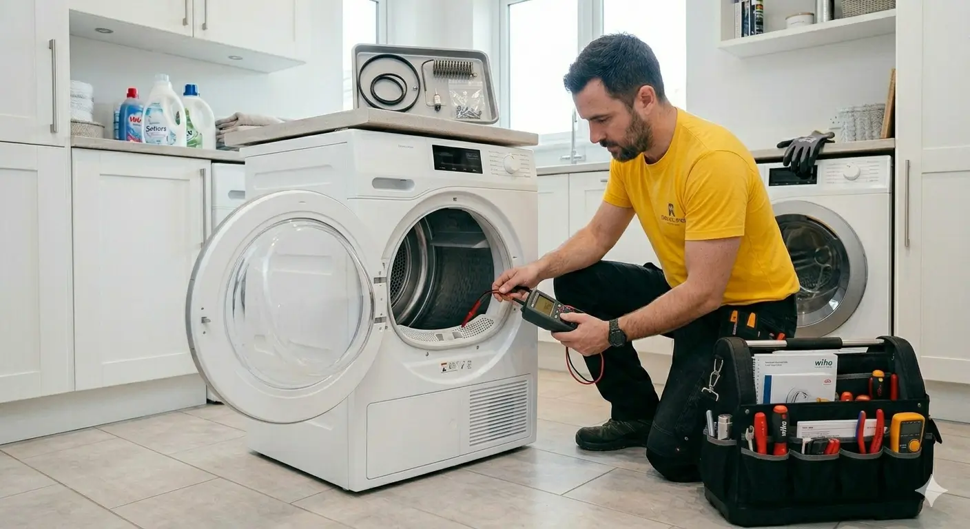 Dryer repair Dubai — certified technician fixing a tumble dryer at home