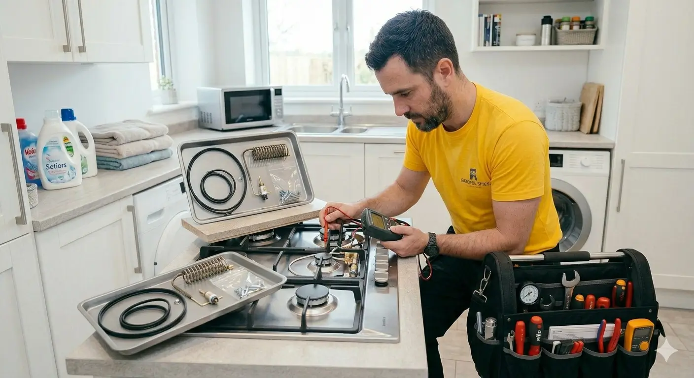 Gas cooker repair Dubai — certified technician repairing a gas cooker at home