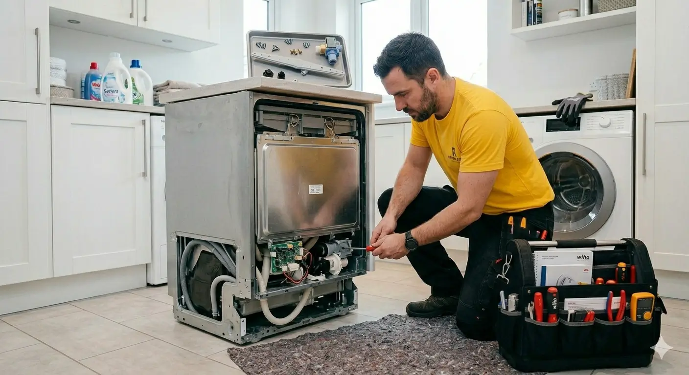 Dishwasher repair Dubai — certified technician repairing a dishwasher at home