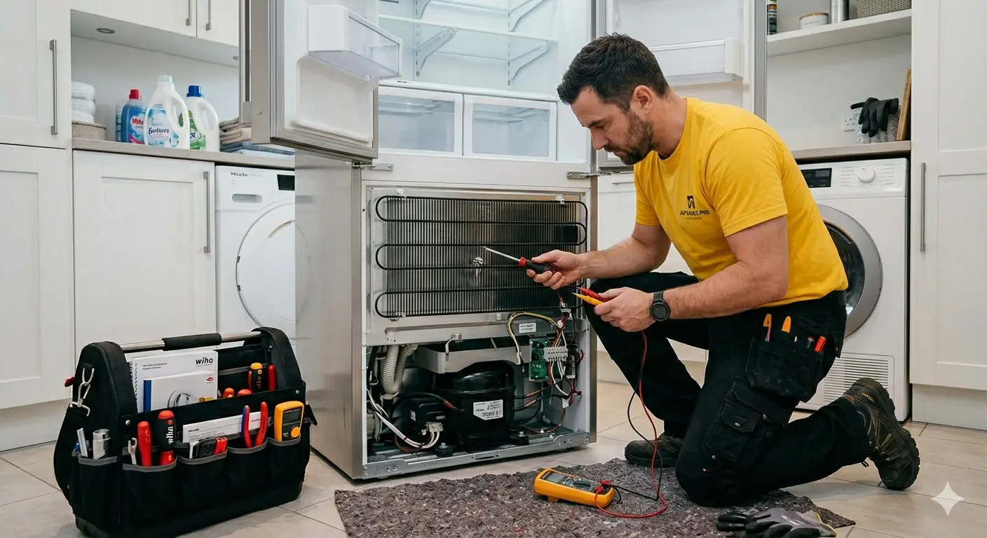 Fridge repair Dubai — certified technician inspecting a refrigerator in a Dubai home